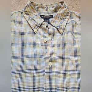 Brooks Brothers Shirt Mens L Green Blue plaid 100% Irish Linen Short Sleeve